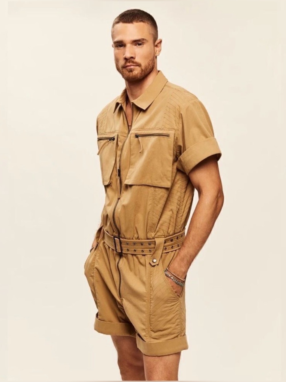 SER.O.YA Sean Utility Romper Tan Short-Sleeve Utility Romper with Belt